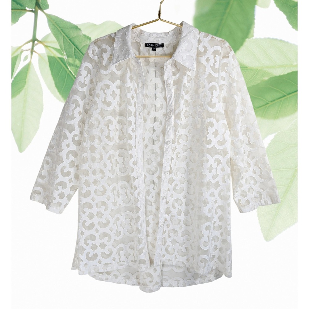 BOHO CHIC Off-White Lace Overlay Shirt Blouse 3/4 Sleeve Button Front Zip‎ Back